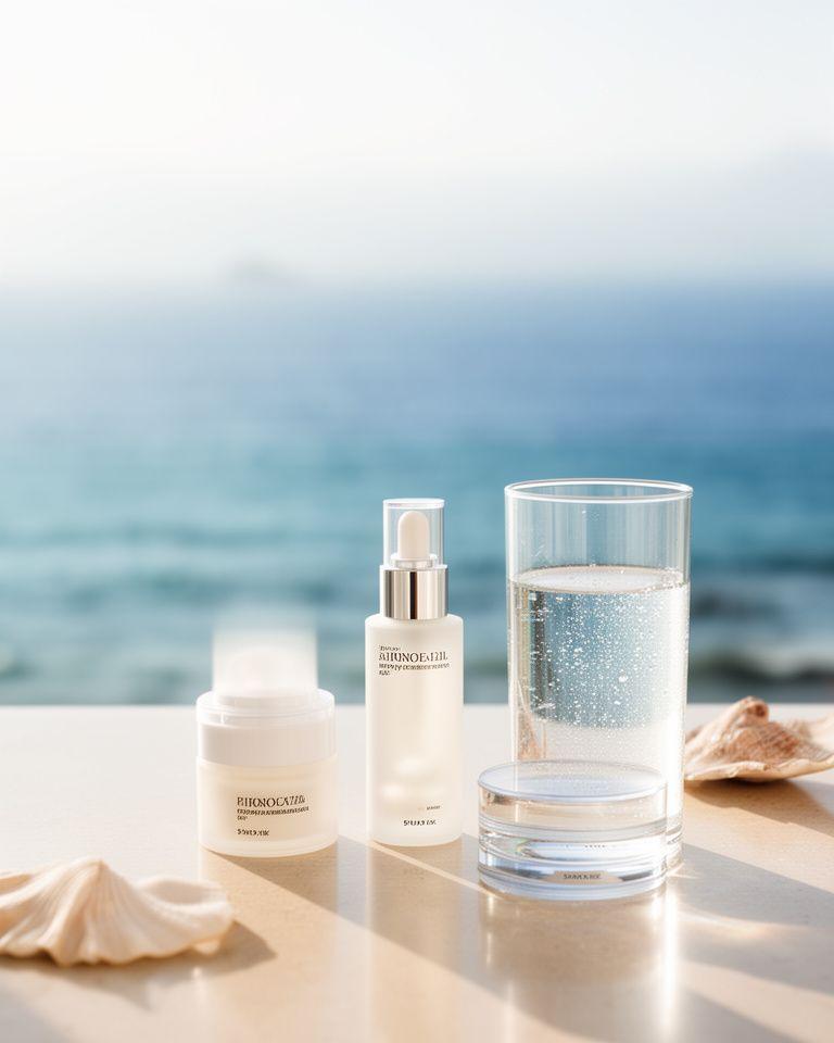 Morgendliche Pflegeroutine mit Serum, Creme und Glaswasser auf einem Balkon mit Meeresblick