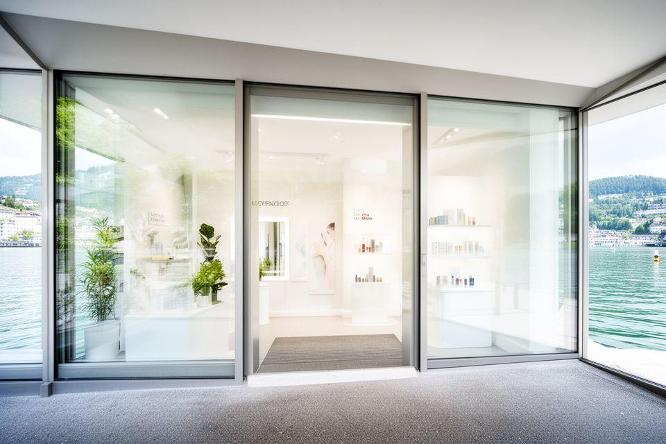 Helles Kosmetikstudio am Mythenquai in Zürich mit Glasfront, Blick auf den See und geordneten Pflegeprodukten