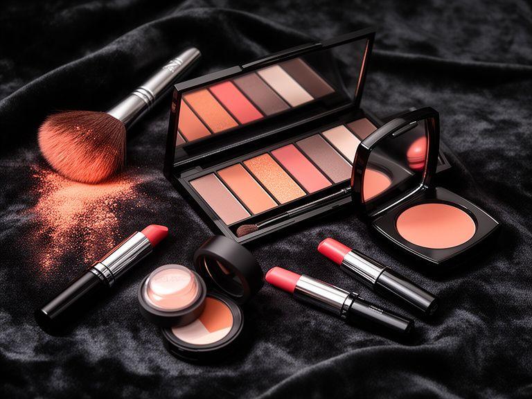 Make-up-Palette mit Lippenstiften, Pinseln und kompakten Puderdosen auf dunklem Samt