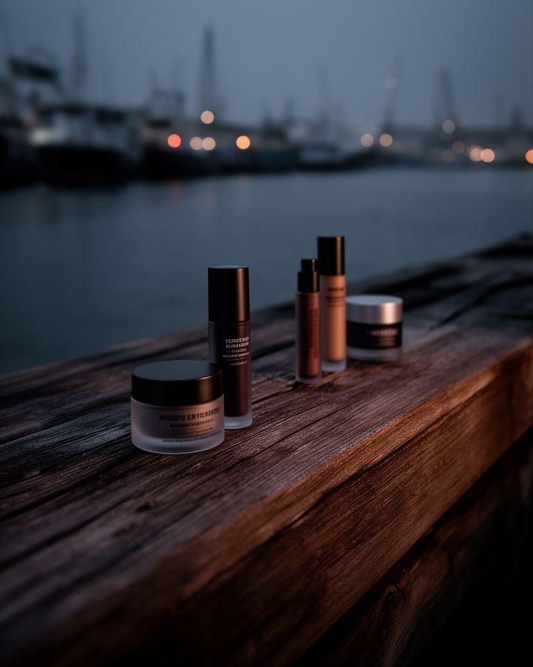 Dunkler Make-up-Look mit glänzenden Augen und Pflegeprodukten auf einer Holzbohle am Hafen bei Abendlicht