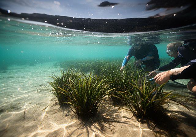 Freiwillige pflanzen Seegraswiesen in flachem, türkisfarbenem Wasser an einer ruhigen Küstenlinie