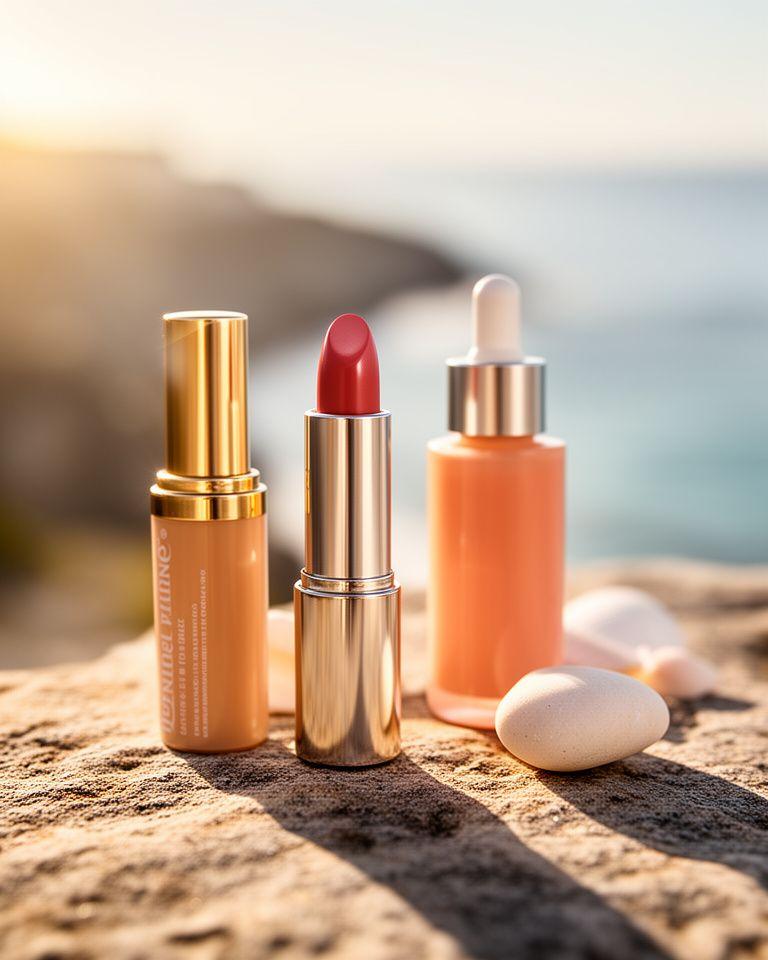 Glänzende Lippenfarbe und Hautpflege auf einem Stein mit warmem Sonnenlicht an der Küste