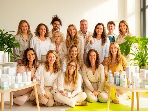 Das gesamte KüstenSchön-Team steht gemeinsam im hellen Studio am Mythenquai mit Blick auf sorgfältig arrangierte Produkte