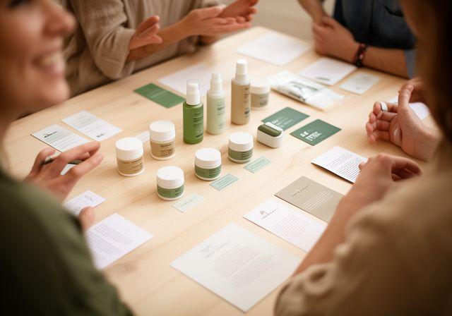 Eine kleine Workshop-Gruppe bespricht nachhaltige Pflegeroutinen an einem hellen Holztisch mit Karten und Proben