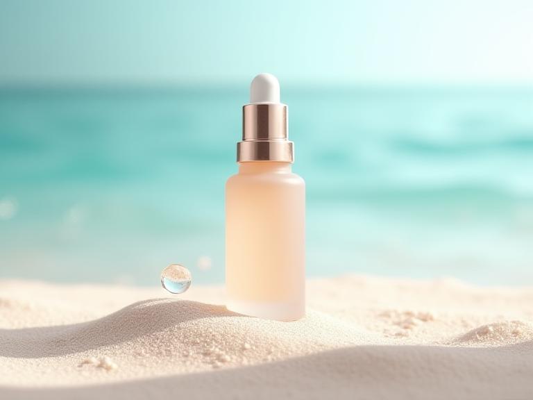 Elegante Serumflasche auf hellem Sand mit glasigen Tropfen und ruhigem Wasser im Hintergrund