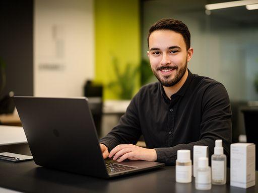 Kundenservice-Mitarbeiter Noah Frei beantwortet Anfragen an einem aufgeräumten Service-Desk mit Laptop