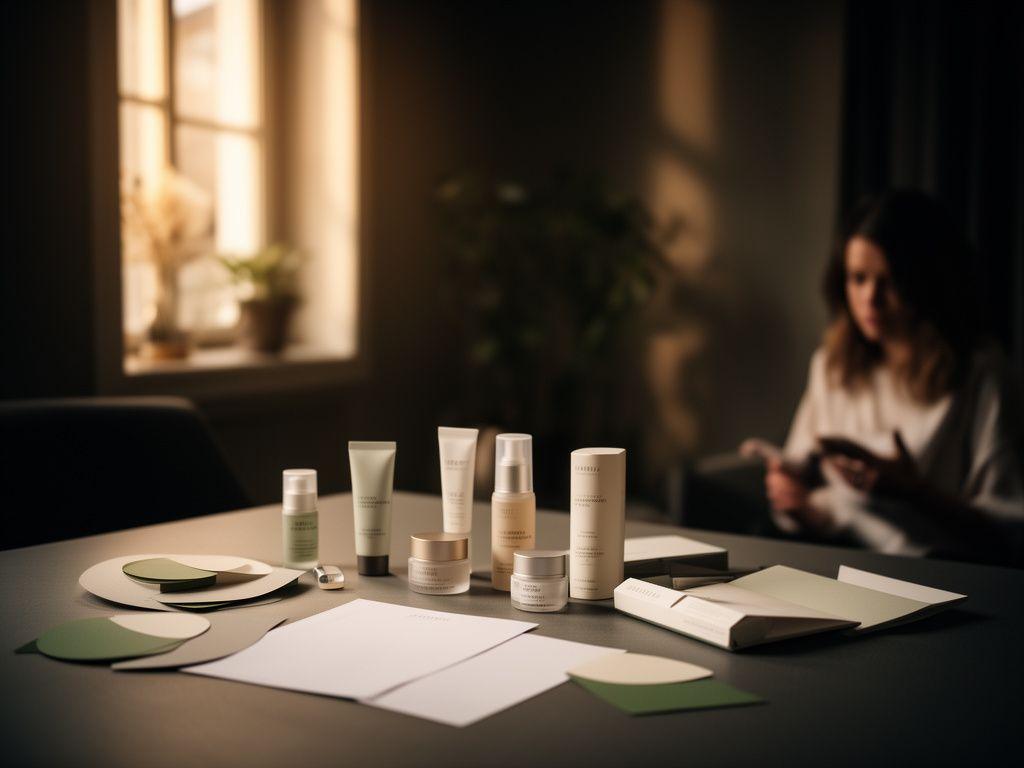 Beratungsgespräch in einem ruhigen Zürcher Studio mit Produktproben, Notizen und warmem Seitenlicht