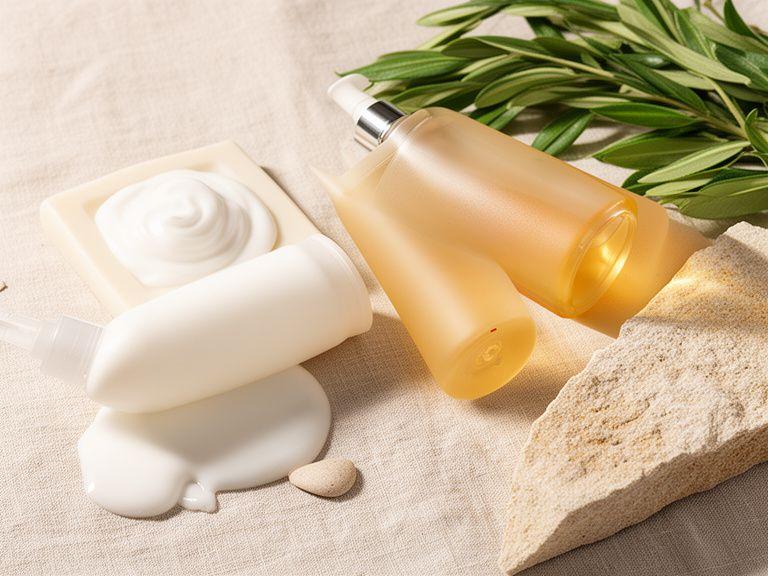 Körperpflegeprodukte mit Lotion, Öl und Seife auf einem hellen Untergrund mit Naturtexturen