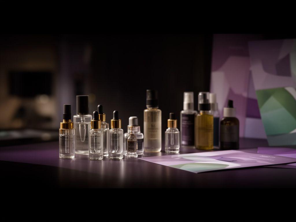Eleganter Kosmetik-Arbeitsplatz mit Glasflakons, Notizen und sanftem Küstenlicht in Zürich