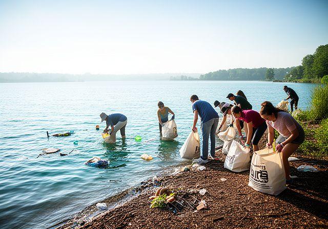 Eine kleine Gruppe sammelt Plastik am Ufer des Genfersees unter hellem Morgenlicht mit wiederverwendbaren Säcken