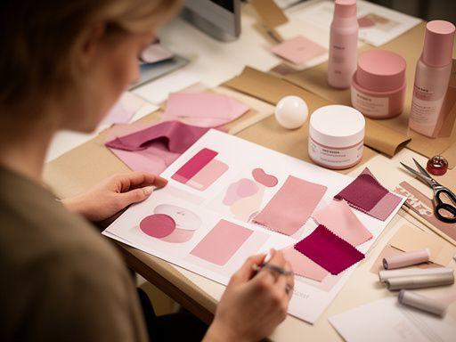 Marketing-Spezialistin Mara Werner arbeitet an einem Moodboard mit Beauty-Kampagnen und Stoffmustern